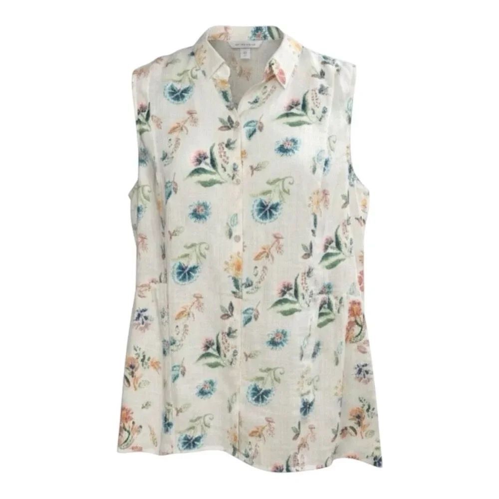 J Jill Love Linen White Floral Button Down Top Tunic Size Large Casual Summer